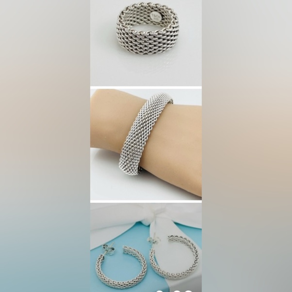 Tiffany & Co. Silver Somerset 3 piece Mesh Bracelet, Earrings and Ring Set